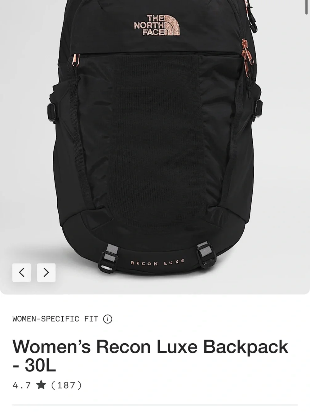 The North Face Black Recon Luxe Backpack with Subtle Rose Gold metallic Accents